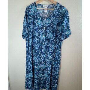 Drapers & Damons Blue Floral Rayon Button Front Midi Dress Plus Size 1X Pockets